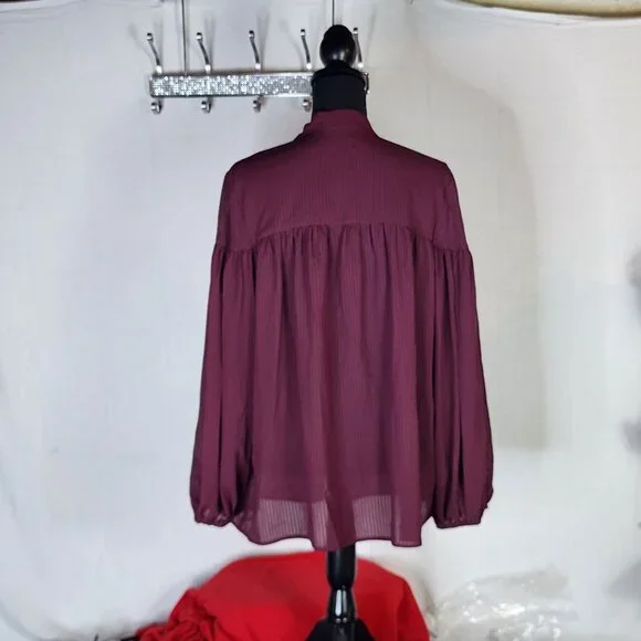 Time & Tru Metropolis Burgundy LS Tie Neck Poly Relaxed Fit Button Up Top Sz XXL - Picture 11 of 16